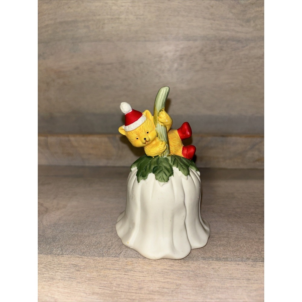 Vintage Ceramic Christmas Bell Yellow Bear in Santa Hat Figurine 4 Inch